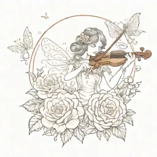 A Fairy Playing A Violin Among A Field Of Vintage Roses