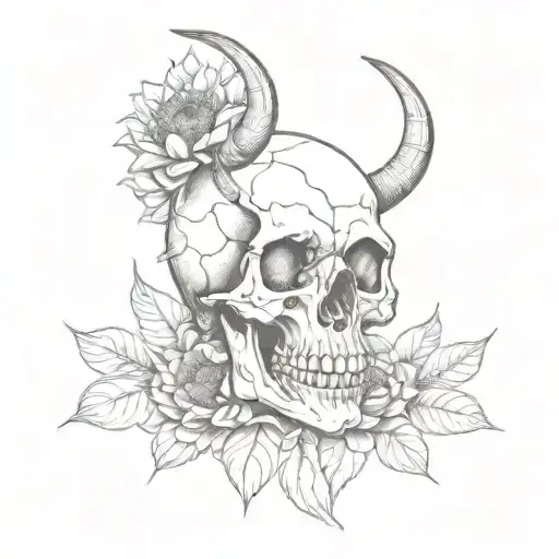Skull With Horns Biting A Sunflower