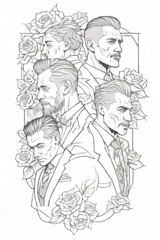 A Collage Featuring Tattooed Men In Suits Intertwined By Roses