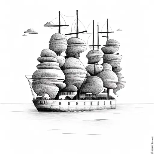 Ship Floating To Forest With Airplane In Back