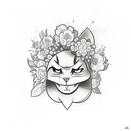 A Sketch-style Tattoo Featuring A Cartoon Character Surrounded By Flowers