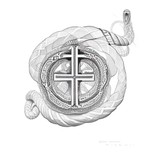 Christian Cross And Snake Around Flower