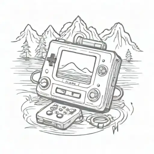 A Sketch Style Tattoo Of A Gaming Console With Camping Tents In The Background