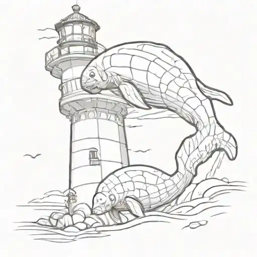 Manatee Mom And Baby By A Lighthouse At Sunset