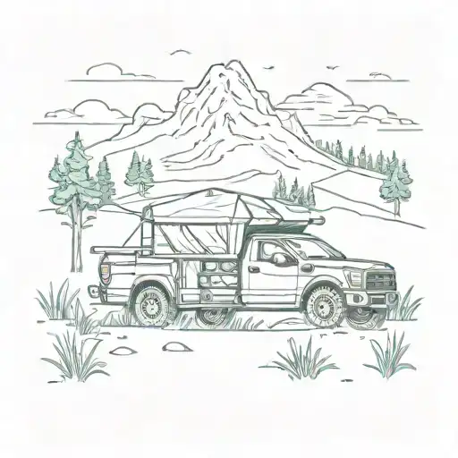 A Forest Green F150 Truck With A Truck Tent In The Bed And A Mountain Campsite Background