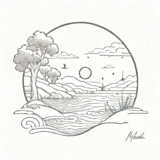 A Sketch Of A Serene Night Scene With A Crescent Moon And Gentle Waves