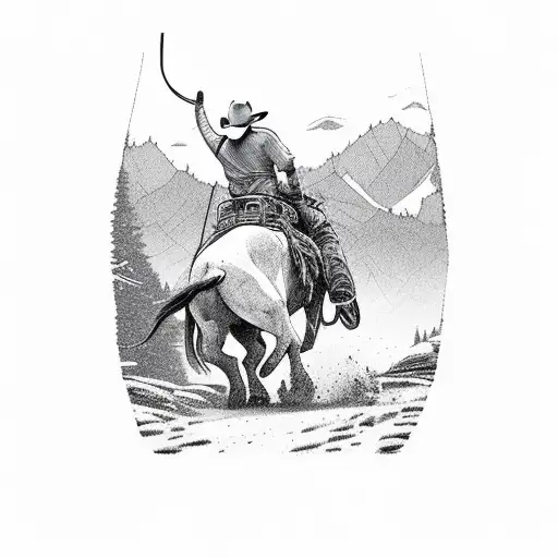 Long Mountain Scheme With Cowboy Riding In The Sunset With