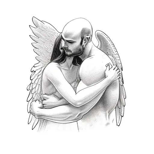 Brunette Female Angel Comforting Muscular Bald Man