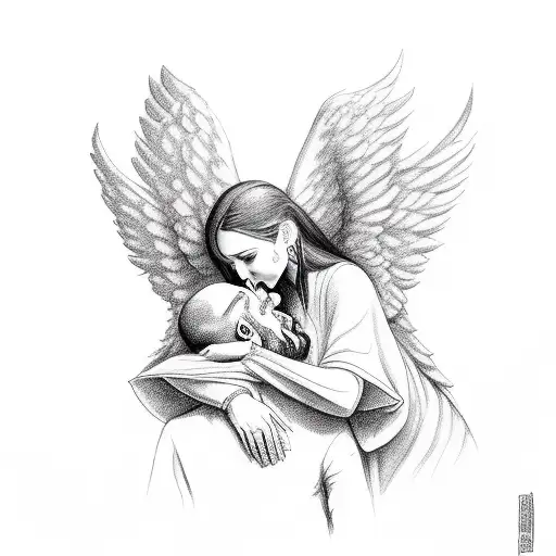 Brunette Female Angel Comforting Bald Man