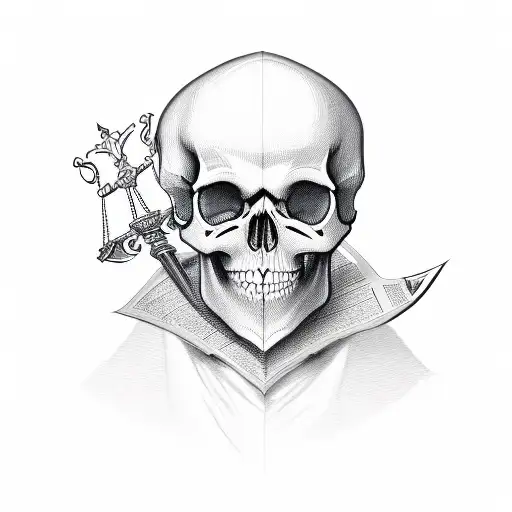 A Detailed Skull Wearing A Lawyer's Wig And Holding A Sword In A Sea Of Legal Documents