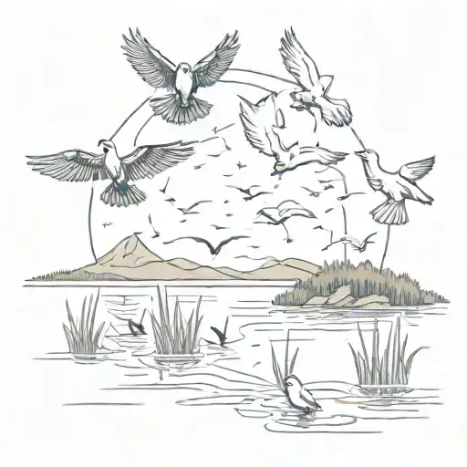 A Sketch Of Birds Flying Over A Lake During A Nighttime Fishing Trip