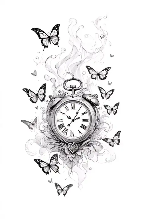 A Sleeve Tattoo With Small Butterflies One Heart Shaped Clock And Everything Surrounded By Smoke