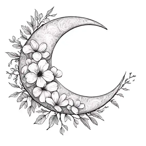 Crescent Moon With Mimosa Flowers Wrapping Around It In Black And White