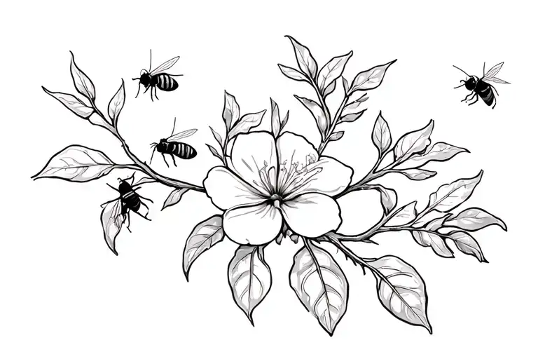 Eucalyptus Tree Flower And Leaves With Native Australian Bees Hovering Around