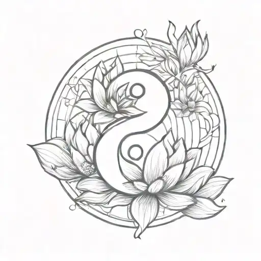 Ying Yang Symbol With Lotus On Top Simple Line Art