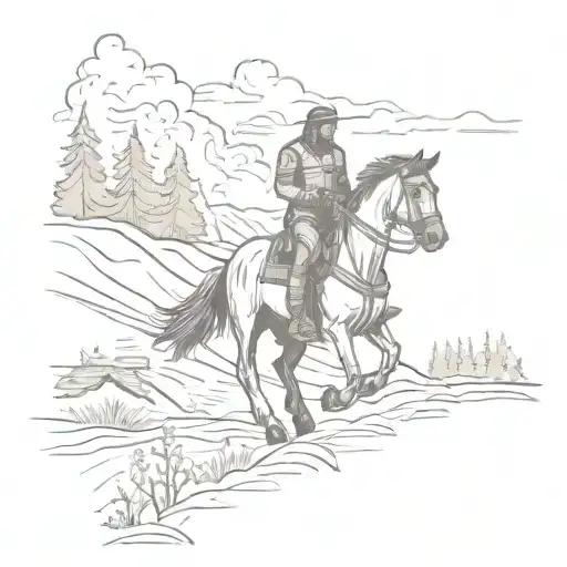 A Sketch Style Tattoo Of A Paramedic Horse Riding Through A Canadian Landscape