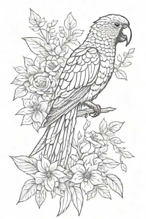 A Sketch Style Tattoo Of A Parrot Surrounded By Various Outdoor Elements Like Trees And Flowers