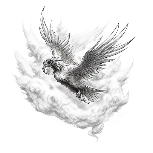 Phoenix Flying In The Clouds With Open Wings