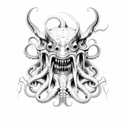 Sureal Octopus Demon With Ripped Lower Jaw With Sharp Fangs And Many Creepy Teeth