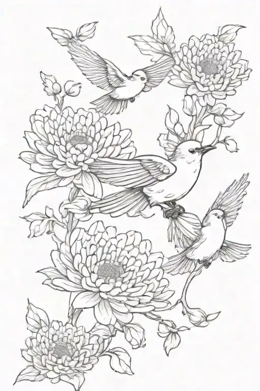 Beautiful Chrysanthemum And Bird Flying Towards