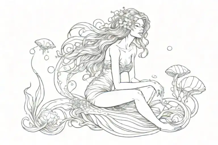 Sitting Mermaid With Jellyfish Floating Above Her