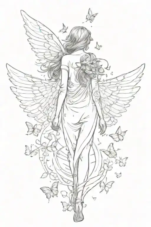 An Angel With Wings Walking Away With Butterflies Surrounding