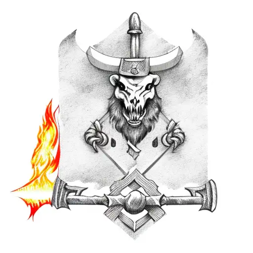 Coat Of Arms With An Axe And An Hammer Crossed With Fire Around