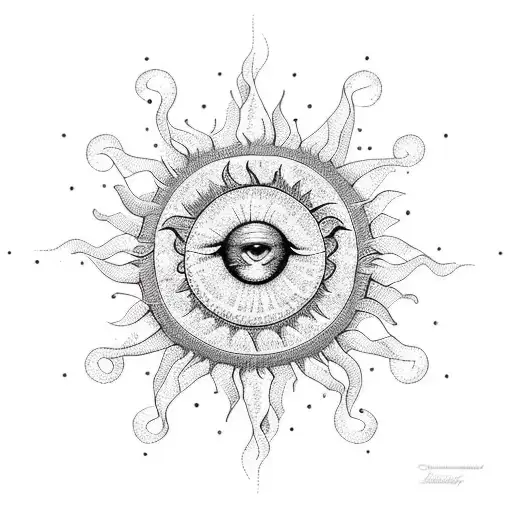 A Sun With Intricate Dotwork Shading And Geometric Patterns Within It