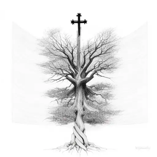 Cross And Tree Connected With Roots