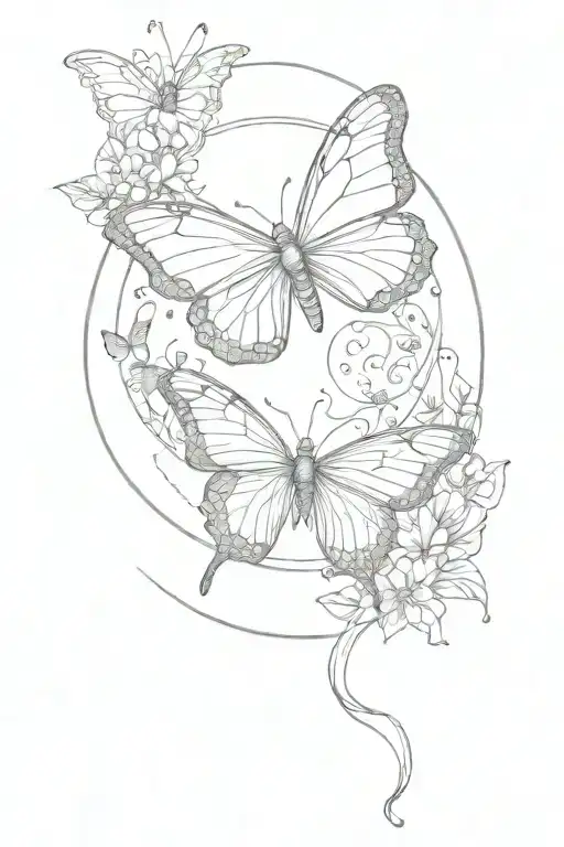 Flying Butterfly Line Art Inside A 8 Moon Phase Circle