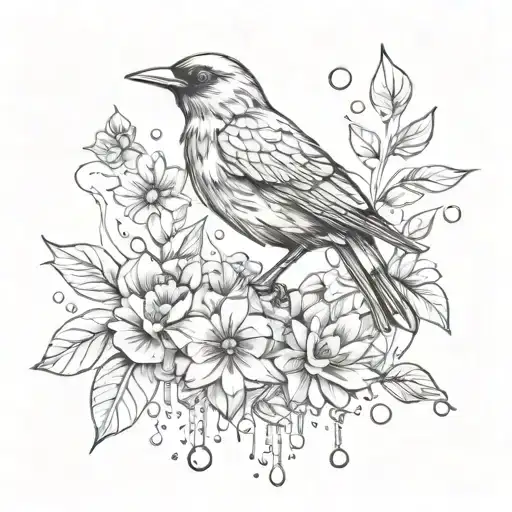 Black Bird Sitting On Dripping Jewels And Flowers