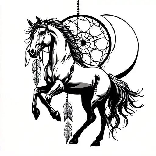 Stallion On Back Legs With Dream Catcher With Sun And The Moon