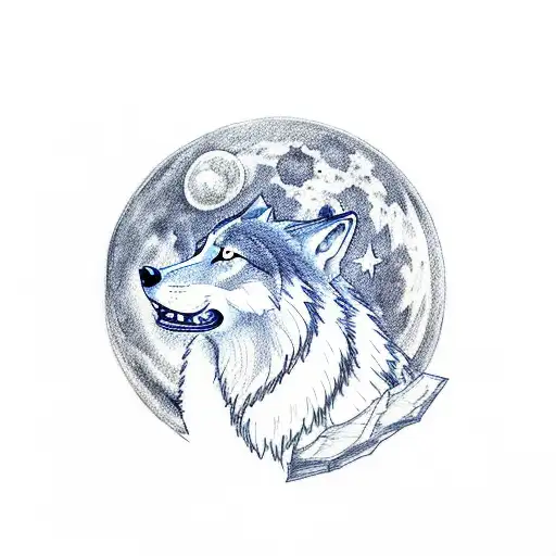 Wolf Howling At The Blue Moon From A Mountain