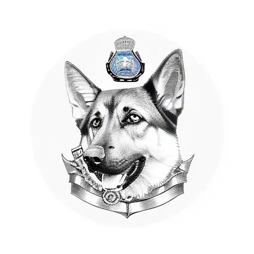 A Police Badge With A Loyal German Shepherd Beside It