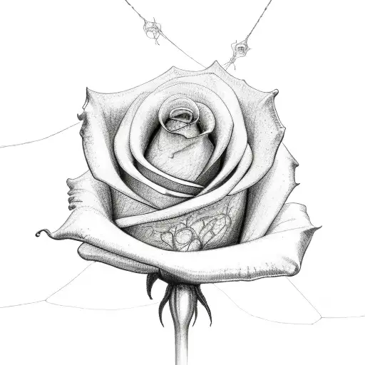 A Delicate Sketch Of A Rose Intertwined With Spiderwebs