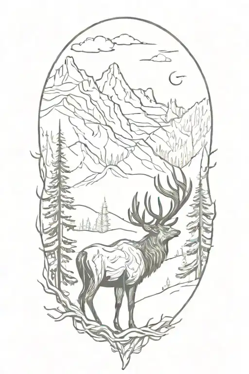 Wooded Mountain Scene With Elk Head In Forefront