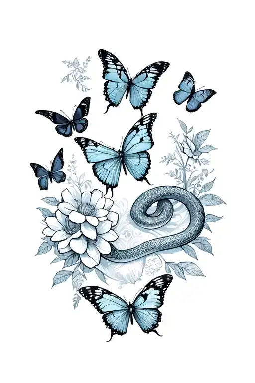 Several Butterflies With A Snake And Flowers Around