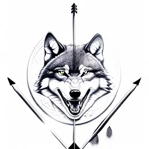Bow And Arrow With Snarling Wolf