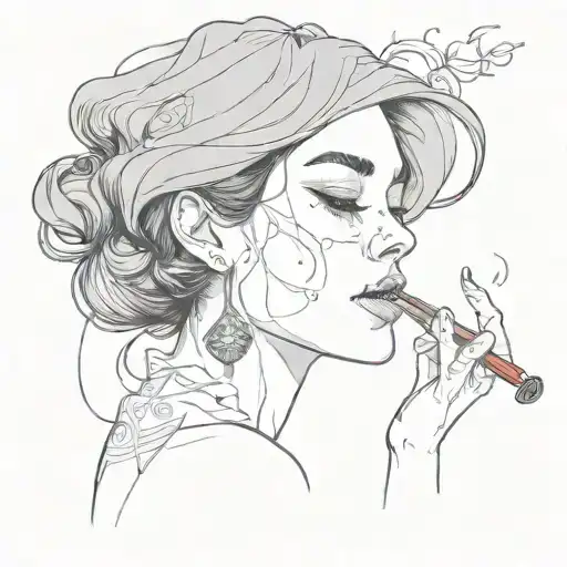 A Beautiful Black Haired Woman Smoking Pipe Closed Eyes