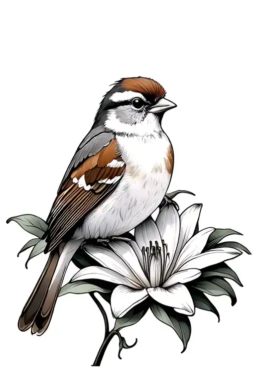 Sparrow Sitting On Lily Flower Tattoo