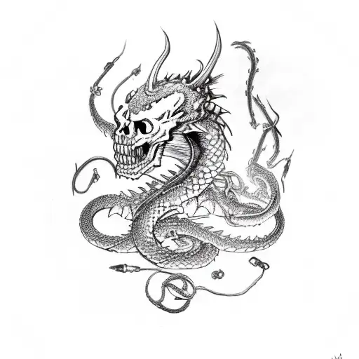 Skull With Snake In Fire With A Dragon
