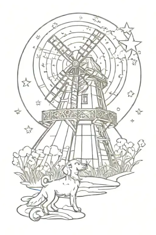 Small Windmill And Dog With Moon And Stars Background
