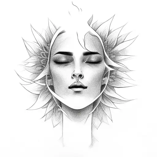 Woman Head Out Of One Line And On The Top Grows A Sunflower