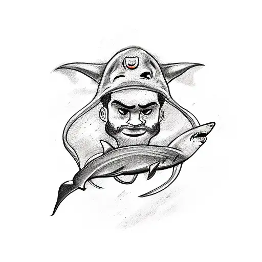 A Sketch-style Tattoo Featuring A Pharmacist Holding A Syringe With A Shark Wrapped Around It