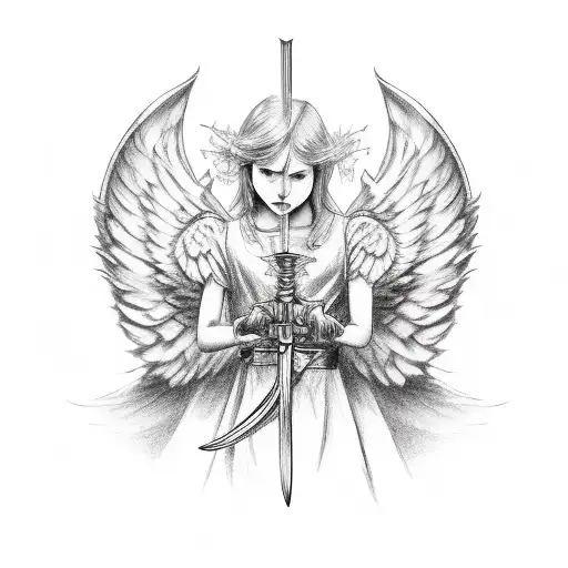 Angel And Devil Wings At Both Ends With Sword In Between