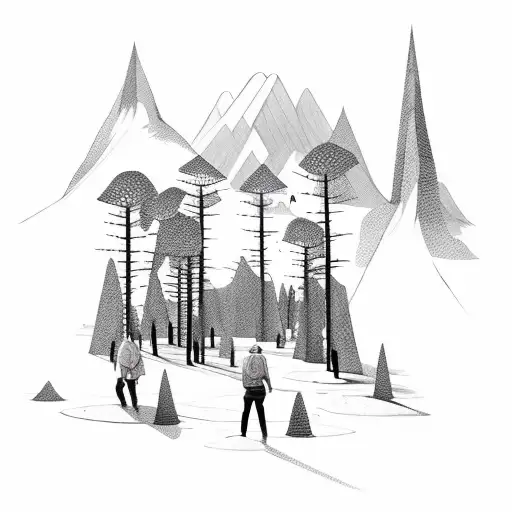 Peoples Shilouttes Surrounded By A Forest Covered Mountain And A Lake