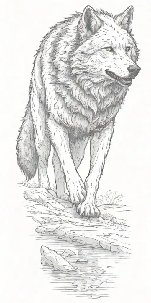 Direwolf Walking Alone From Its Pack In A Forest Near A Stream