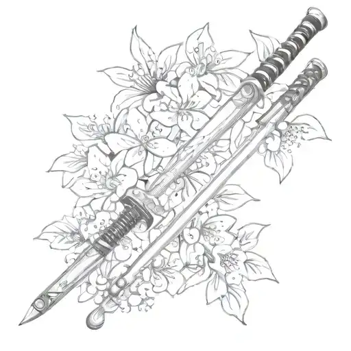 Katana And Wakizashi With Cherry Blossoms Wrapped