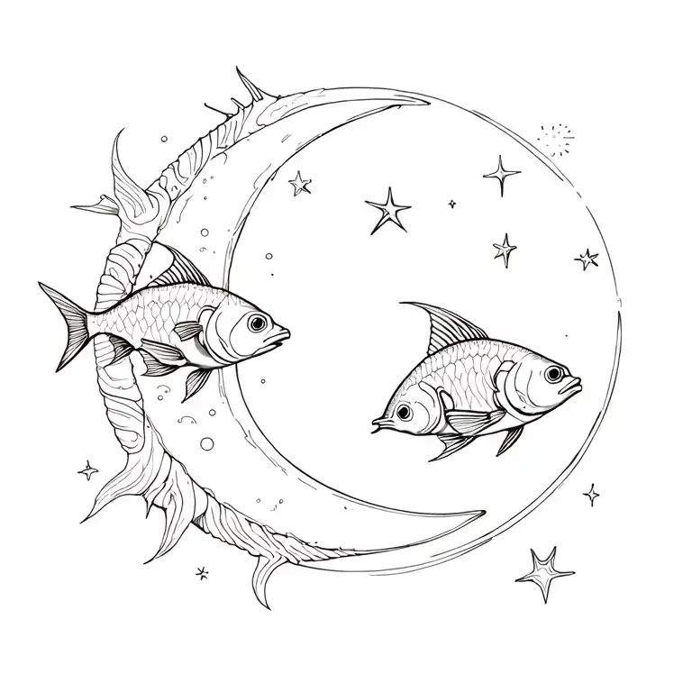 Moon Stars Fishes In Sea