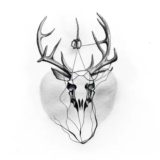 A Minimalist Tattoo Of A Deer Skull With Antlers Surrounded By A Fishing Net